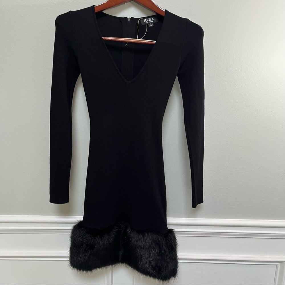Hera Collection Black Mini Sweater Dress with Faux Fur Hem Size S